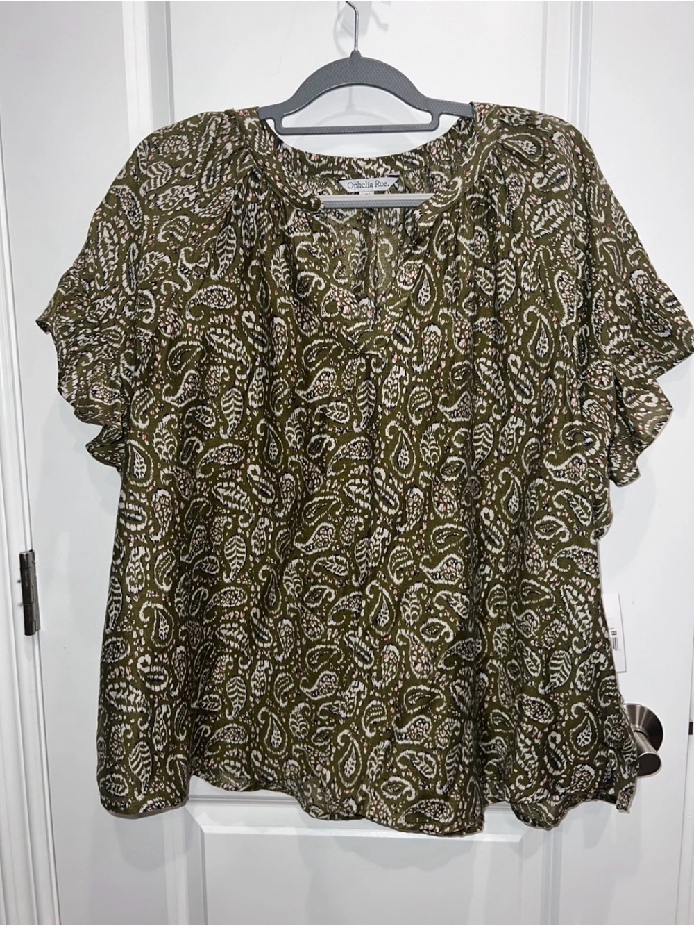 Ophelia Roe Women’s Short Sleeve Green Paisley Pullover Blouse Plus Size 3X NWT